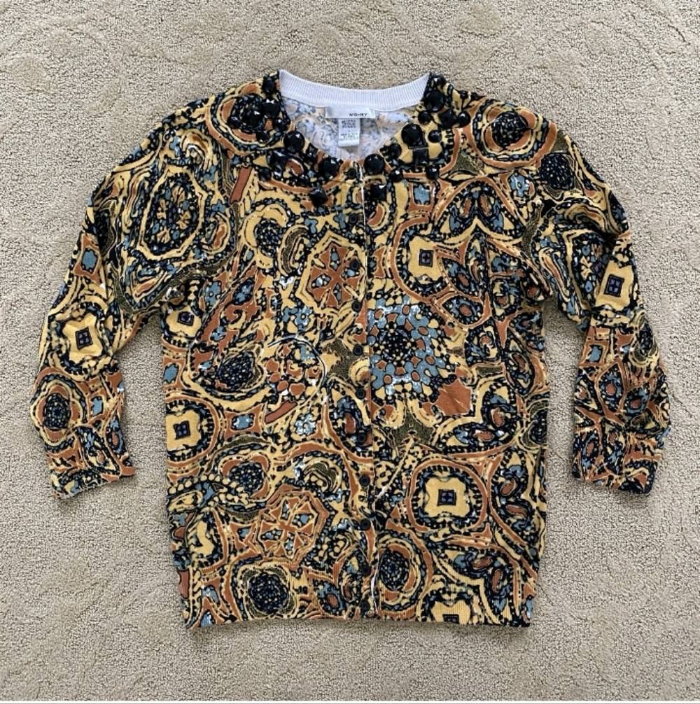 WD.NY Multicolor Patterned Cardigan Beaded Neckline Small Arsty Unique